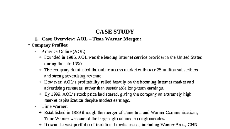 CASE STUDY 1: Analysis of AOL Time Warner Merger Dynamics - Studocu