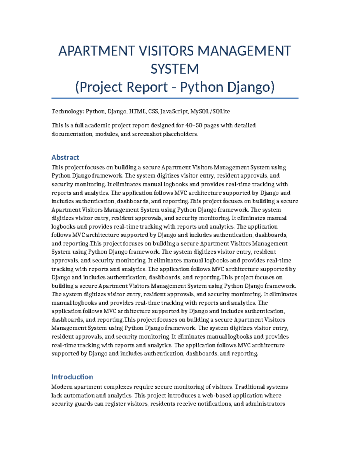 APARTMENT VISITORS MANAGEMENT SYSTEM (Django Project Report) - Studocu