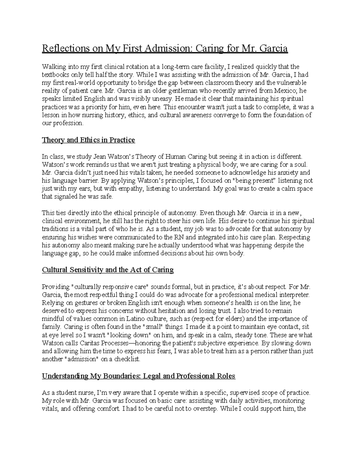 NUR 101: Reflections on My First Clinical Admission Experience - Studocu