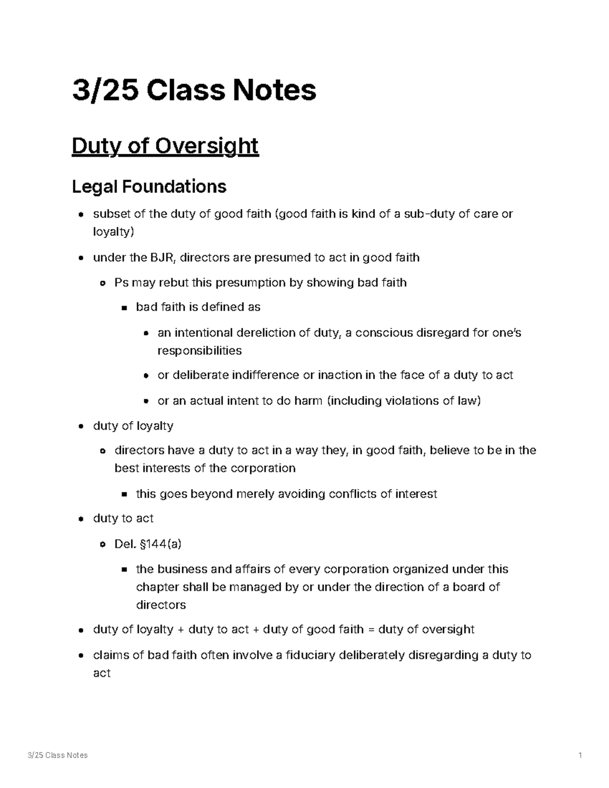 Class Notes on Directors' Duty of Oversight and Legal Foundations (3/25 ...