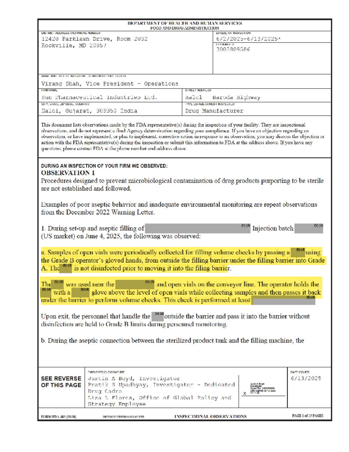 FDA Inspectional Observations Report for Sun Pharma (FEJ 3002809586 ...