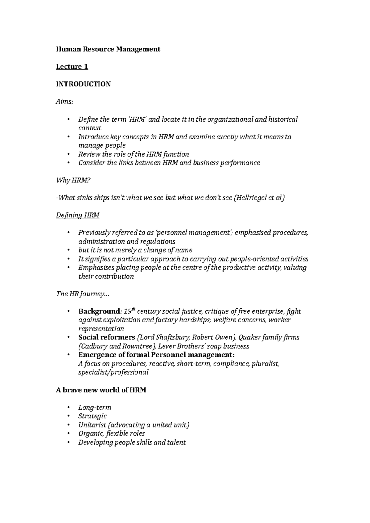 HRM Lecture Notes: Understanding Human Resource Management Evolution ...