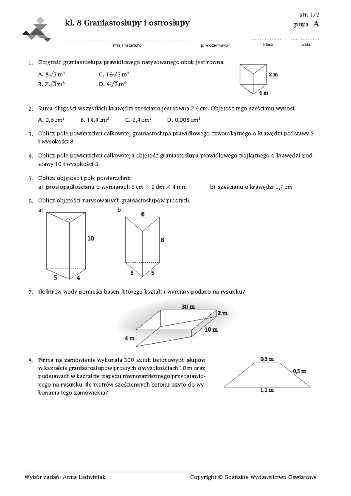 Graniastosłupy I Ostrosłupy Sprawdzian Klasa 8 www.studocu.com