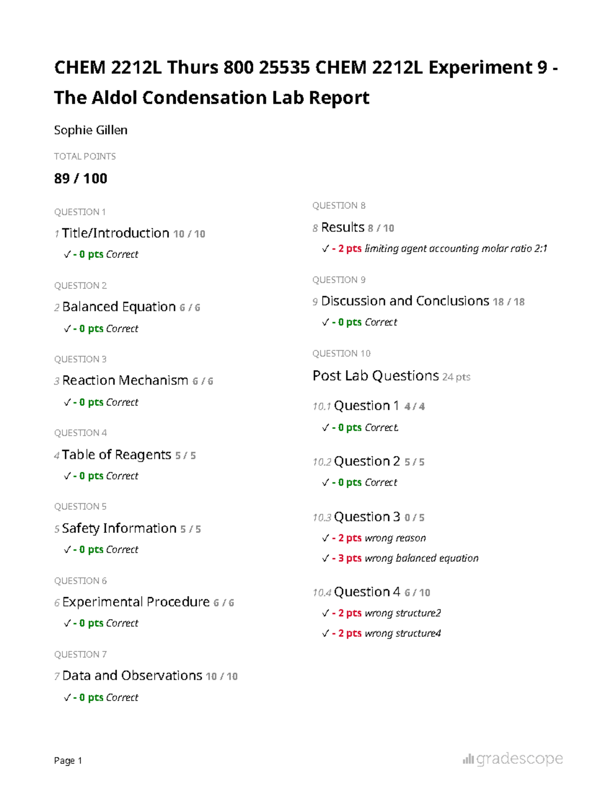 CHEM 2212L Experiment 9 - Aldol Condensation Lab Report - Studocu