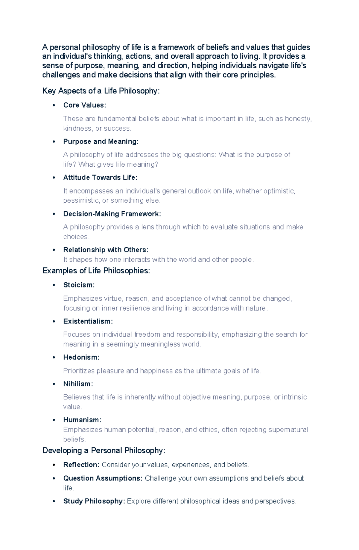 Personal Philosophy of Life: Core Values & Framework - Studocu