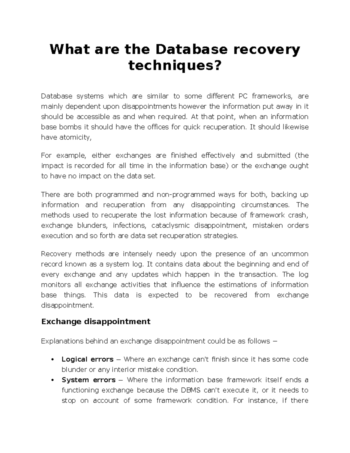 Database Recovery Techniques: Understanding Methods and Processes - Studocu