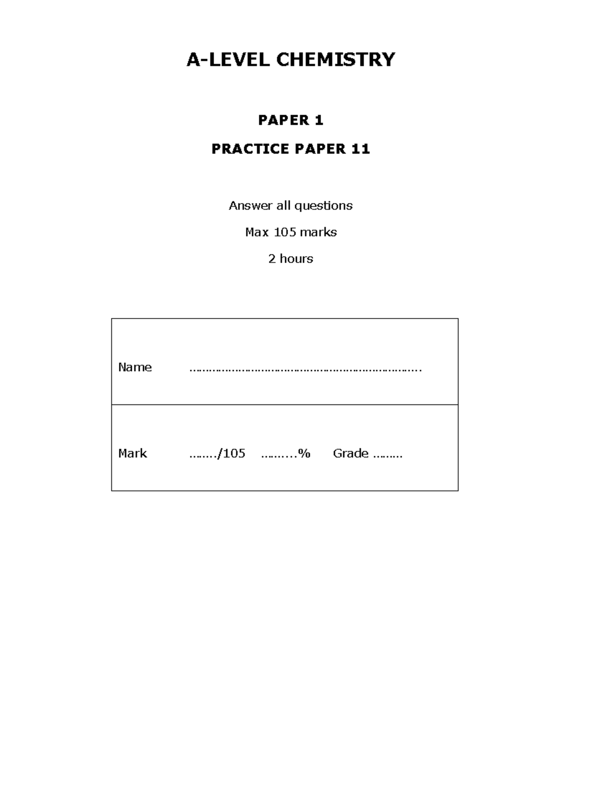 CHEM 101: PAPER 1 PRACTICE TEST 11 - Past Exam Questions - Studocu