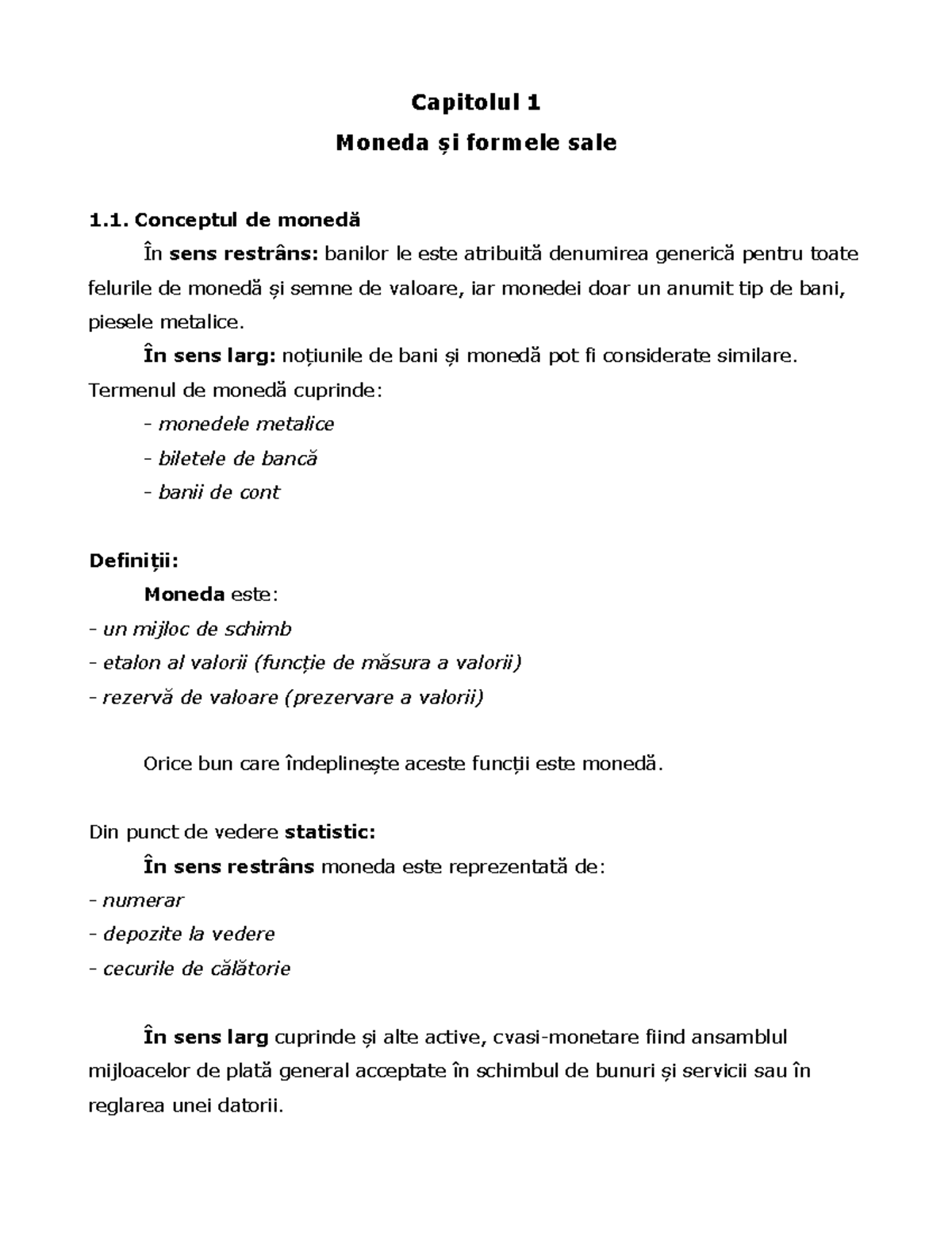 Rezumat carte - Capitolul 1 - Moneda și Credite în Economie - Document Preview