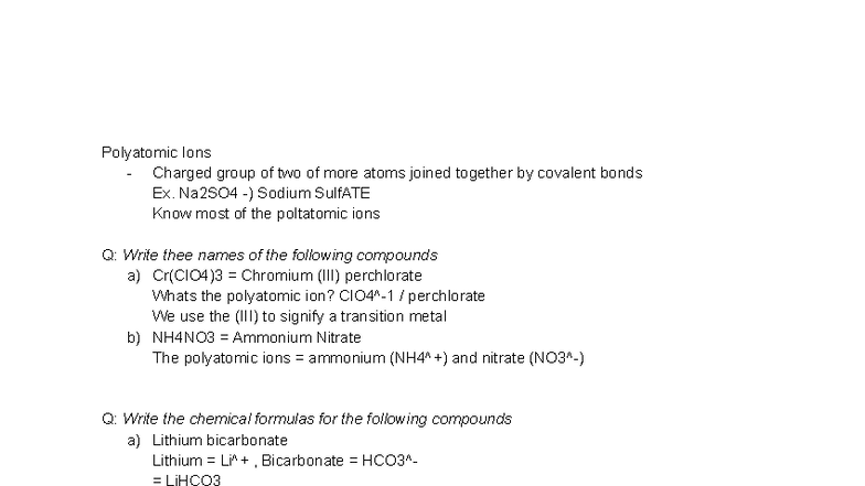 Chem 112 Lecture Notes: Polyatomic Ions and Compounds - Studocu