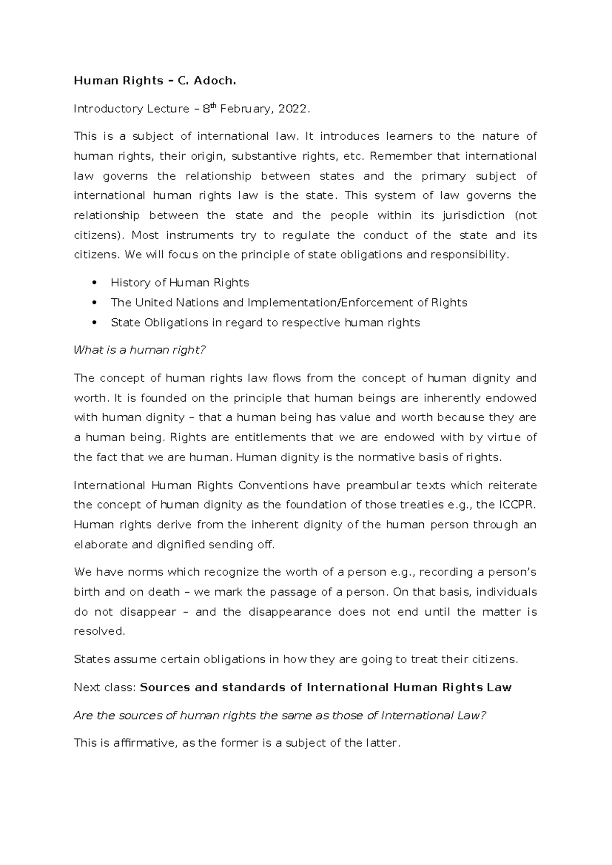 International Human Rights (LAW 101): Introductory Lecture Notes - Studocu