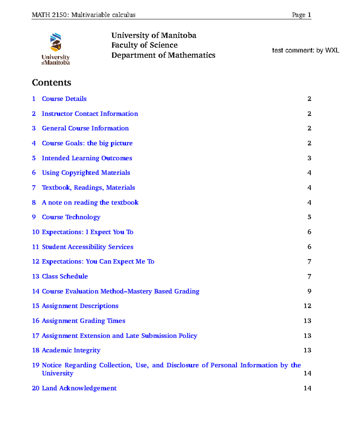 MATH 2150: Multivariable Calculus Syllabus - University of Manitoba ...