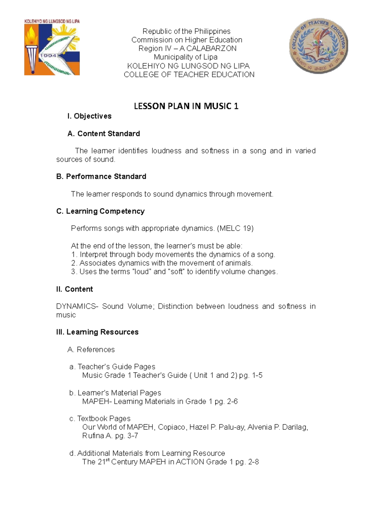 Lesson Plan in Music 1: Understanding Dynamics and Volume - Studocu
