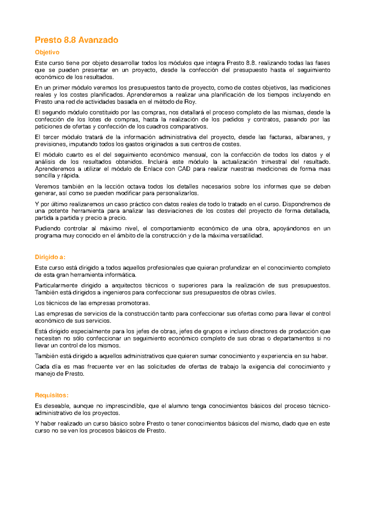 Presto 8.8 Avanzado: Curso Completo de Gestión de Proyectos - Document Preview
