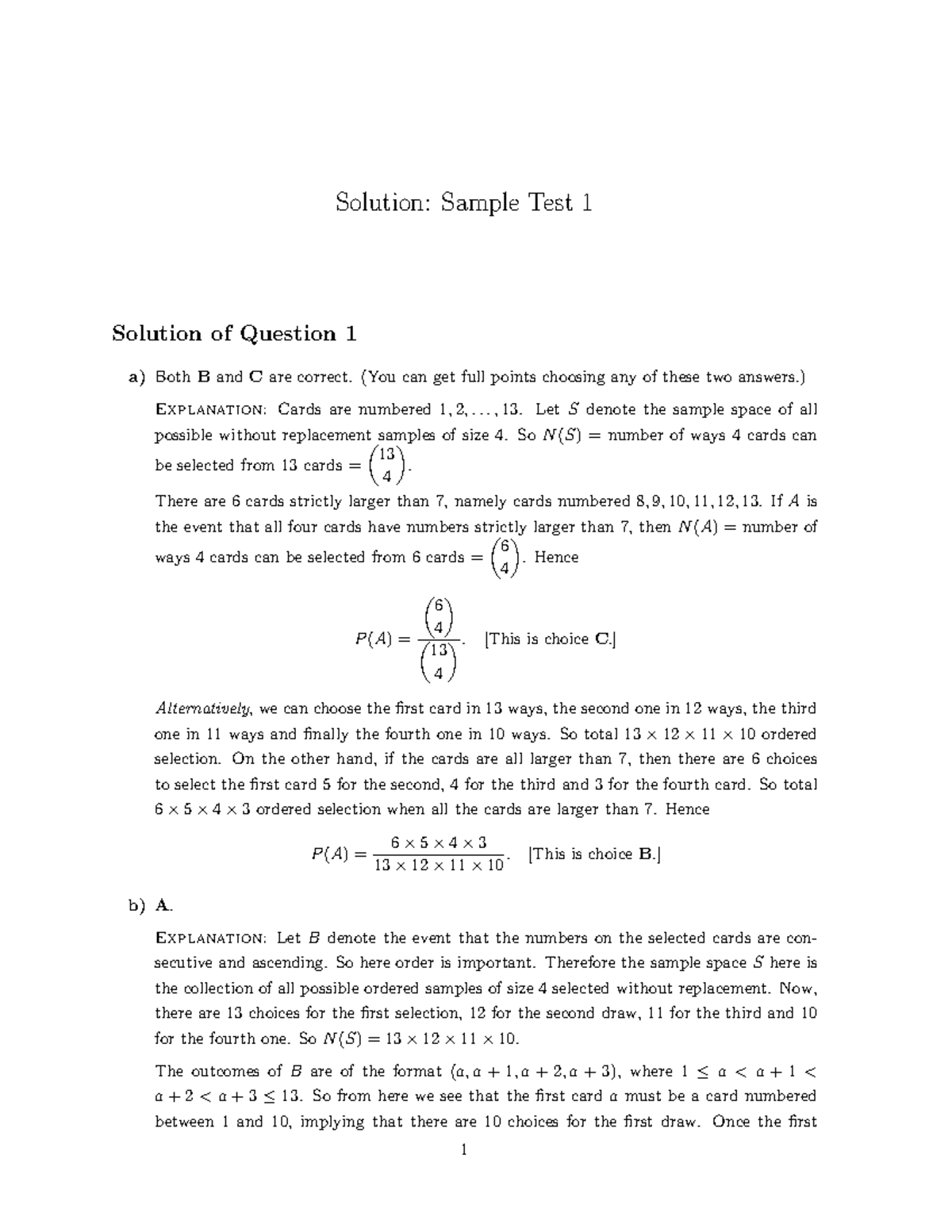 Sample Test 3 Solutions for Probability and Statistics (PS 101 ...
