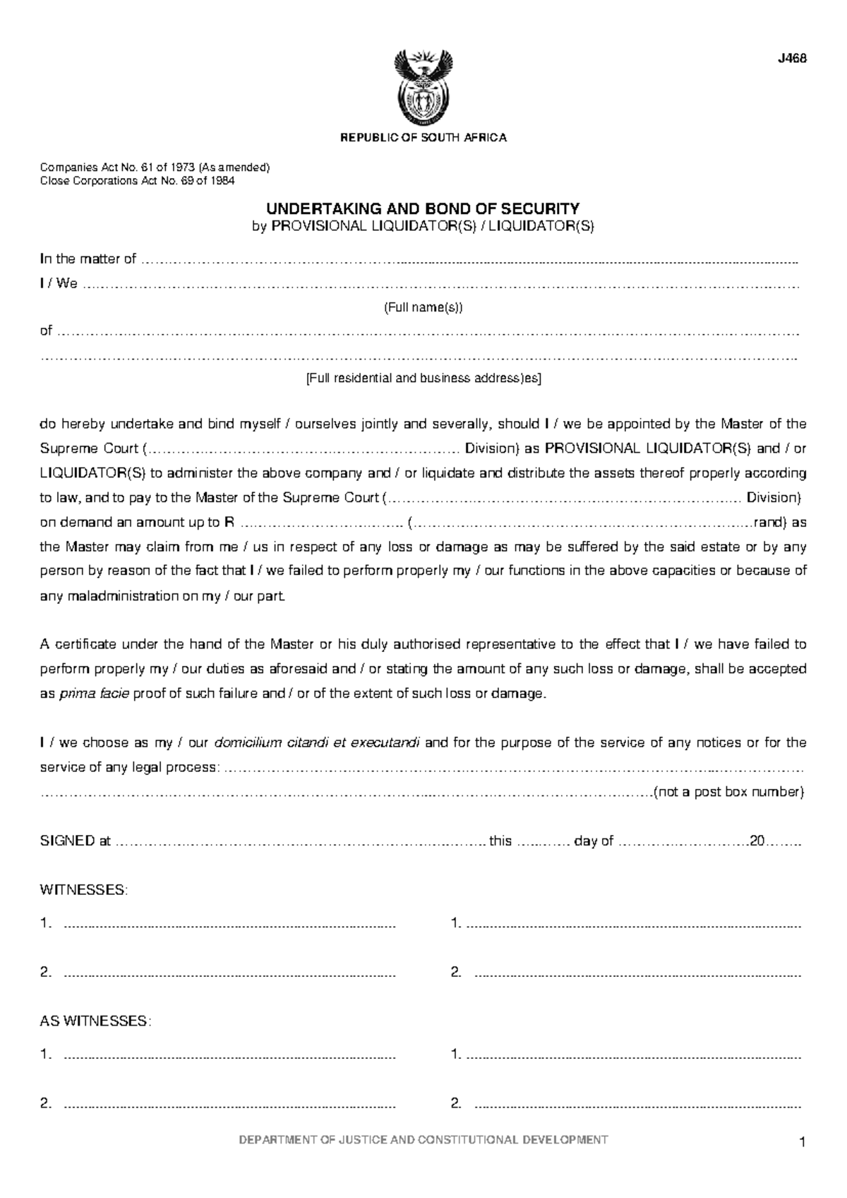 J468 Practice Document: Provisional Liquidator Undertaking & Bond - Studocu
