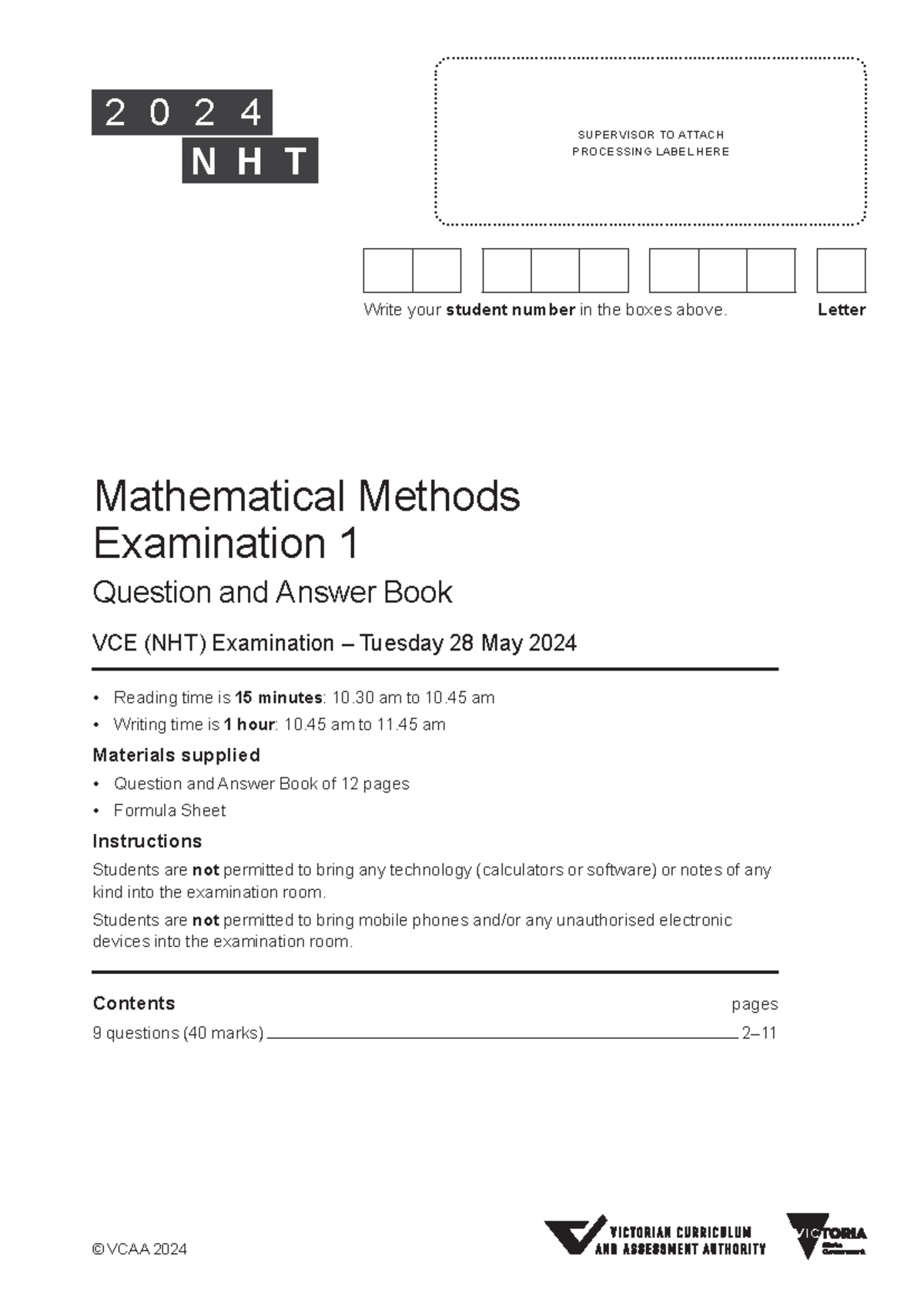 2024 VCE (NHT) Mathematical Methods Exam 1: Question & Answer Book ...