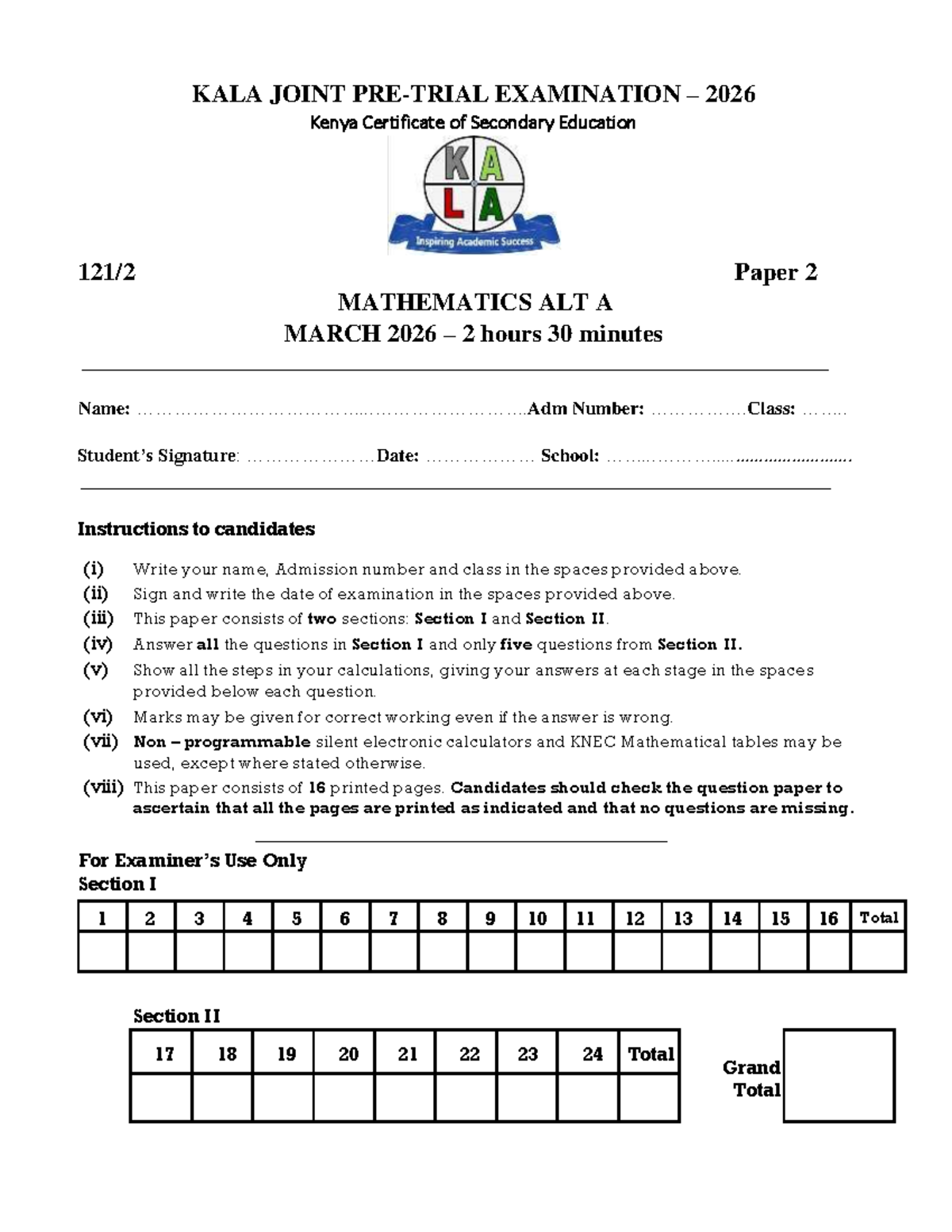 KALA 2026 Pre-Trials Mathematics Paper 2 Exam Guide - Studocu