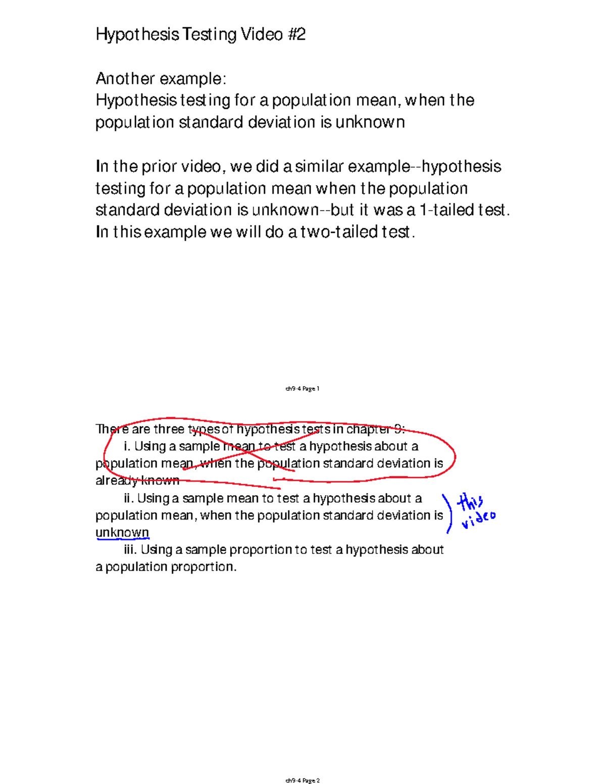MGMT 5311 Notes from Hypothesis Testing for a Mean Video no. 2 ...