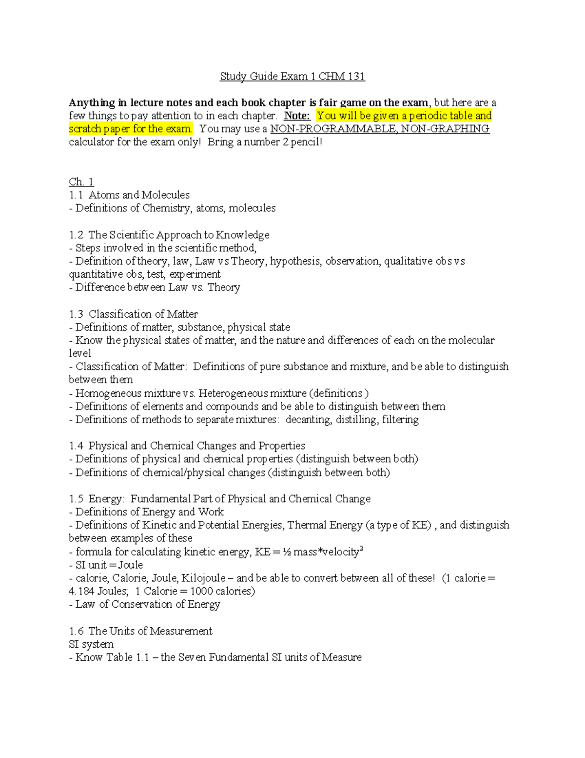 Study Guide for CHM 131: Exam 1 Key Concepts and Topics - Studocu