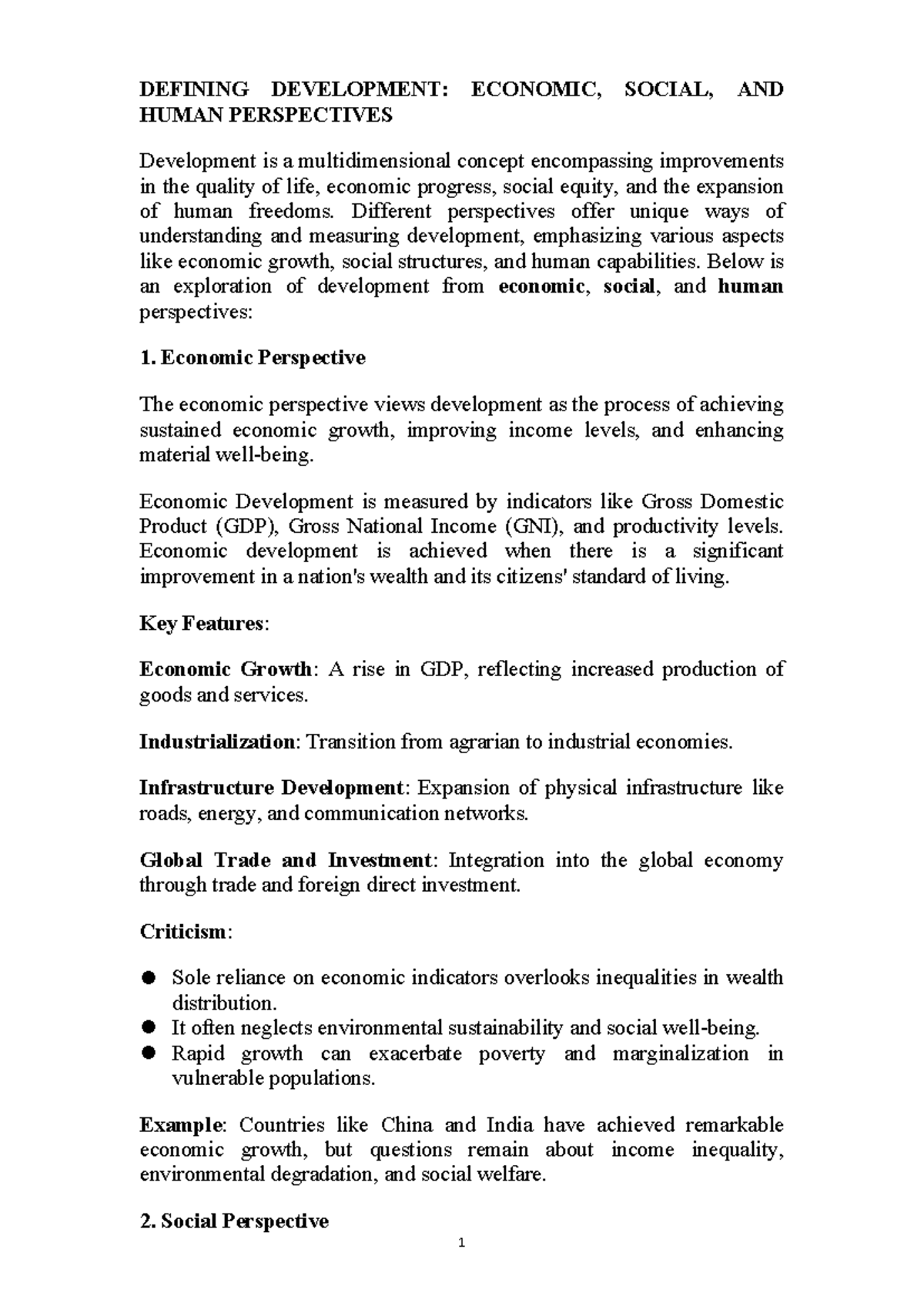 Defining Development: Economic, Social, and Human Perspectives Notes ...