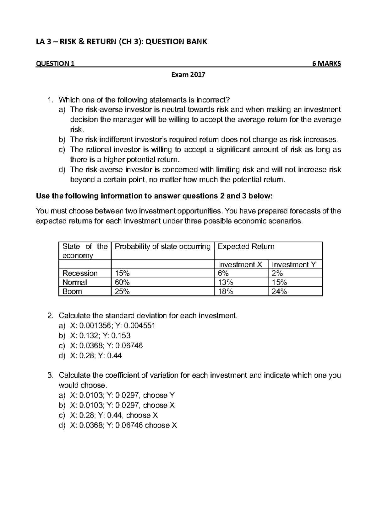 LA 3 RISK RETURN (CH 3): QUESTION BANK & SOLUTIONS - Studocu