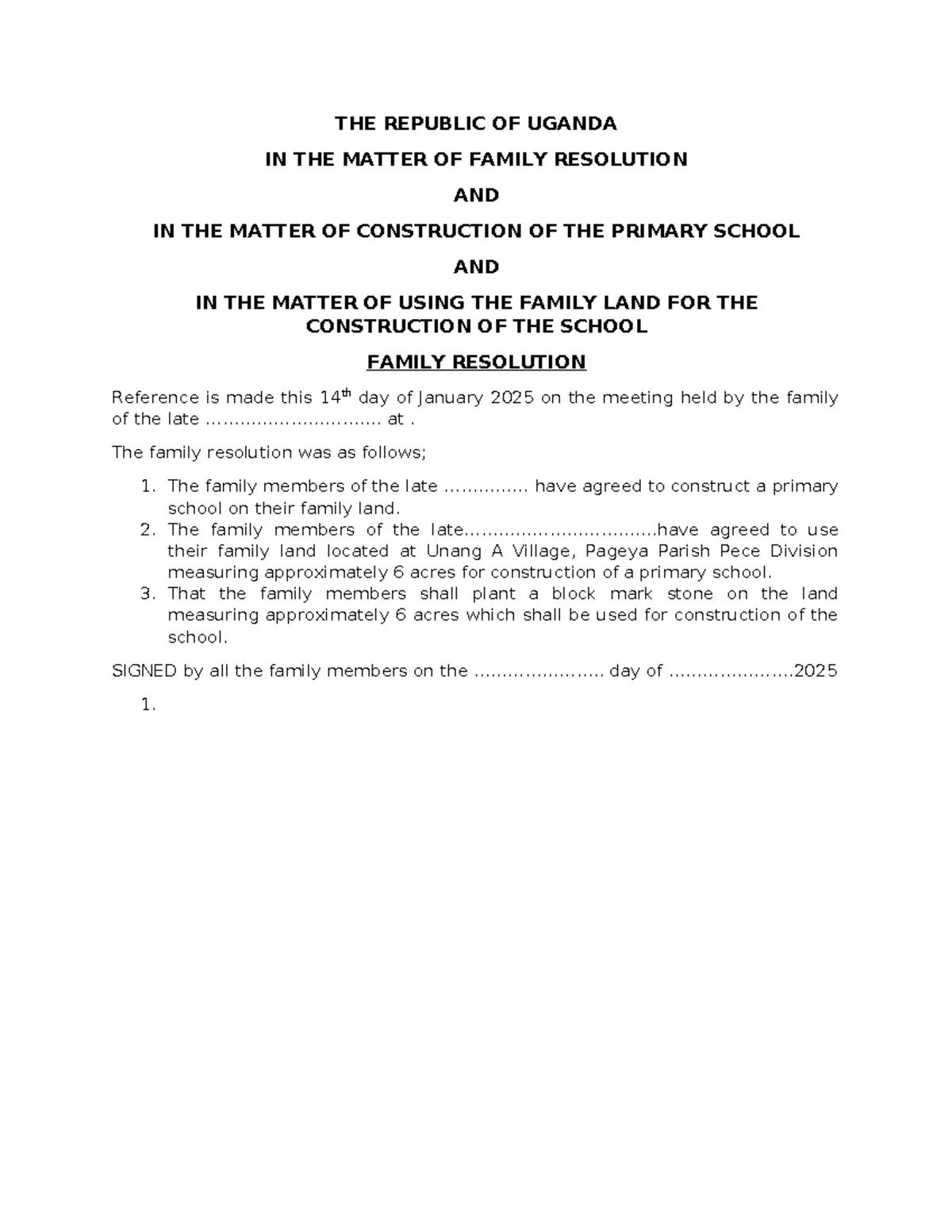 Family Resolution - Copy - THE REPUBLIC OF UGANDA IN THE MATTER OF ...