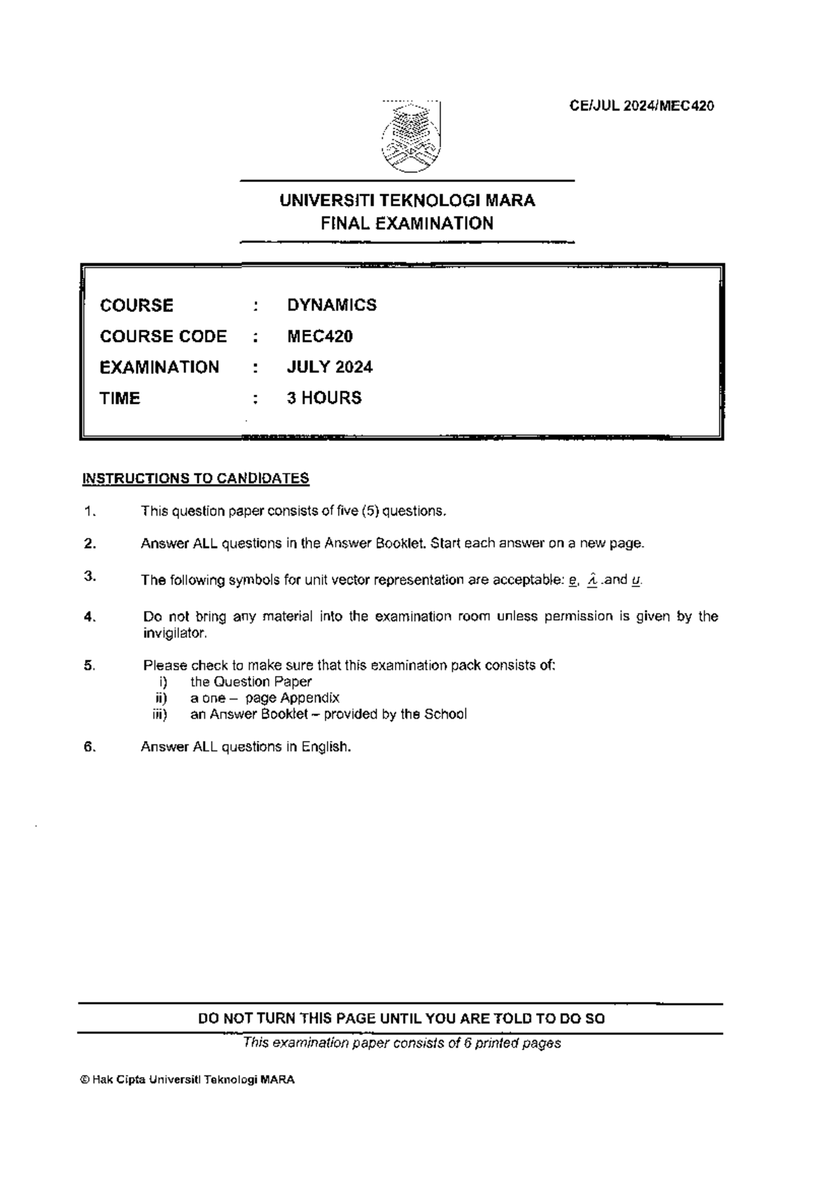 Final Exam Questions and Solutions for Dynamics (MEC420) - July 2024 ...