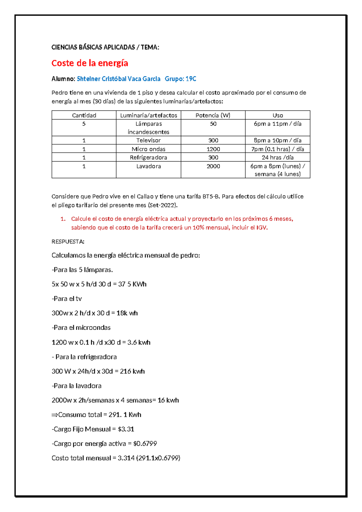 S2 - Tarea Grupal: Cálculo del Costo de Energía Eléctrica - Document Preview