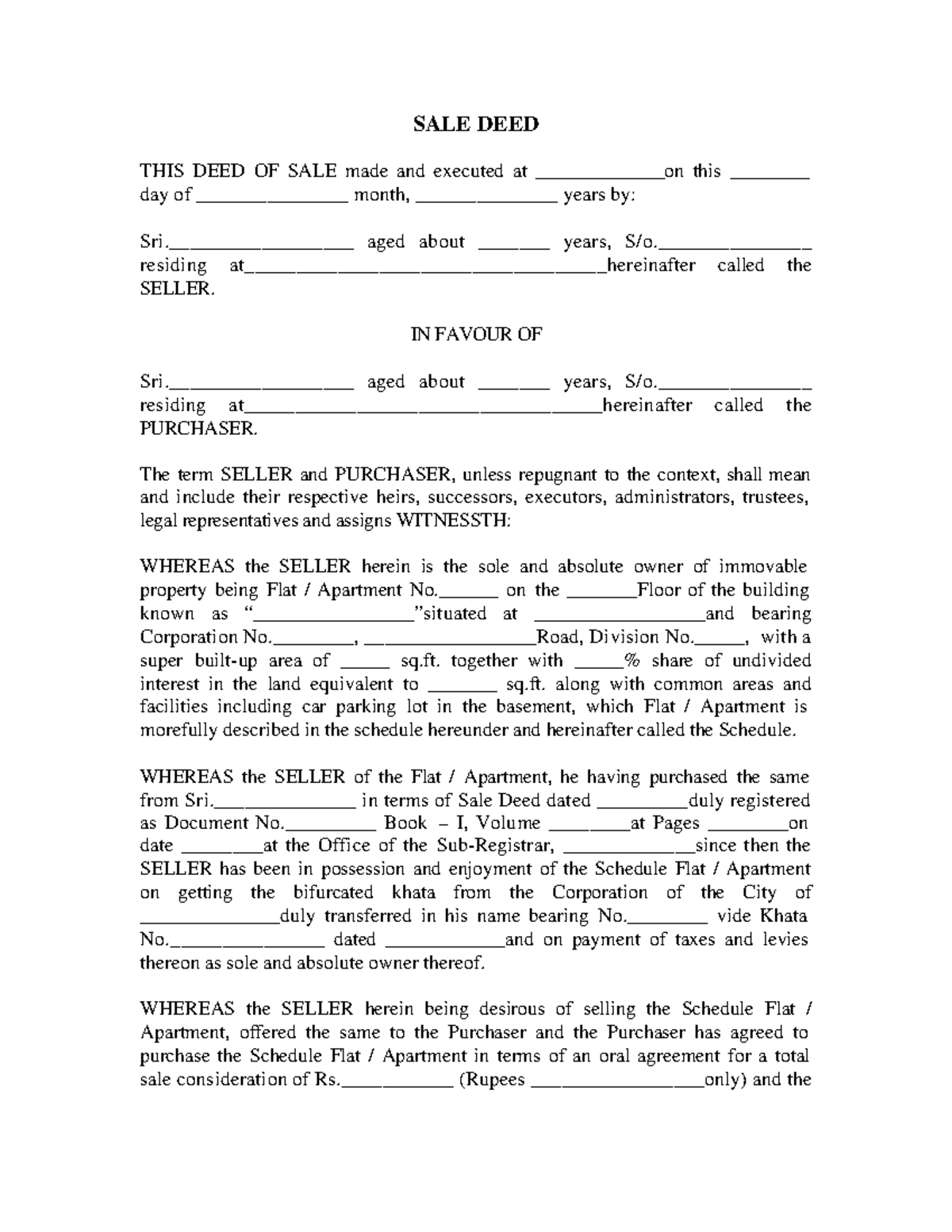 Sale Deed Template for Property Transactions - Legal Format Guide - Studocu