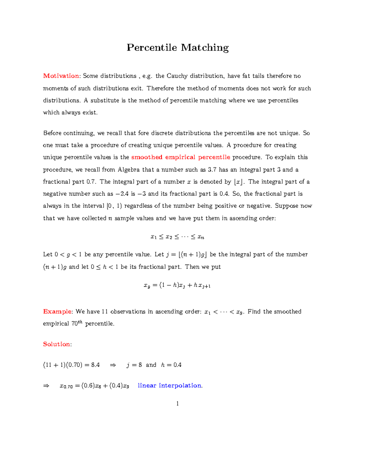 Percentile Matching Method: Summary in Mathematical Statistics - Studocu