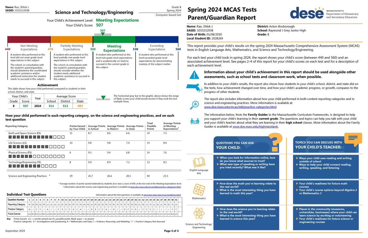 Spring 2024 MCAS Science Report for Grade 8 (SASID: 1033232038) - Studocu
