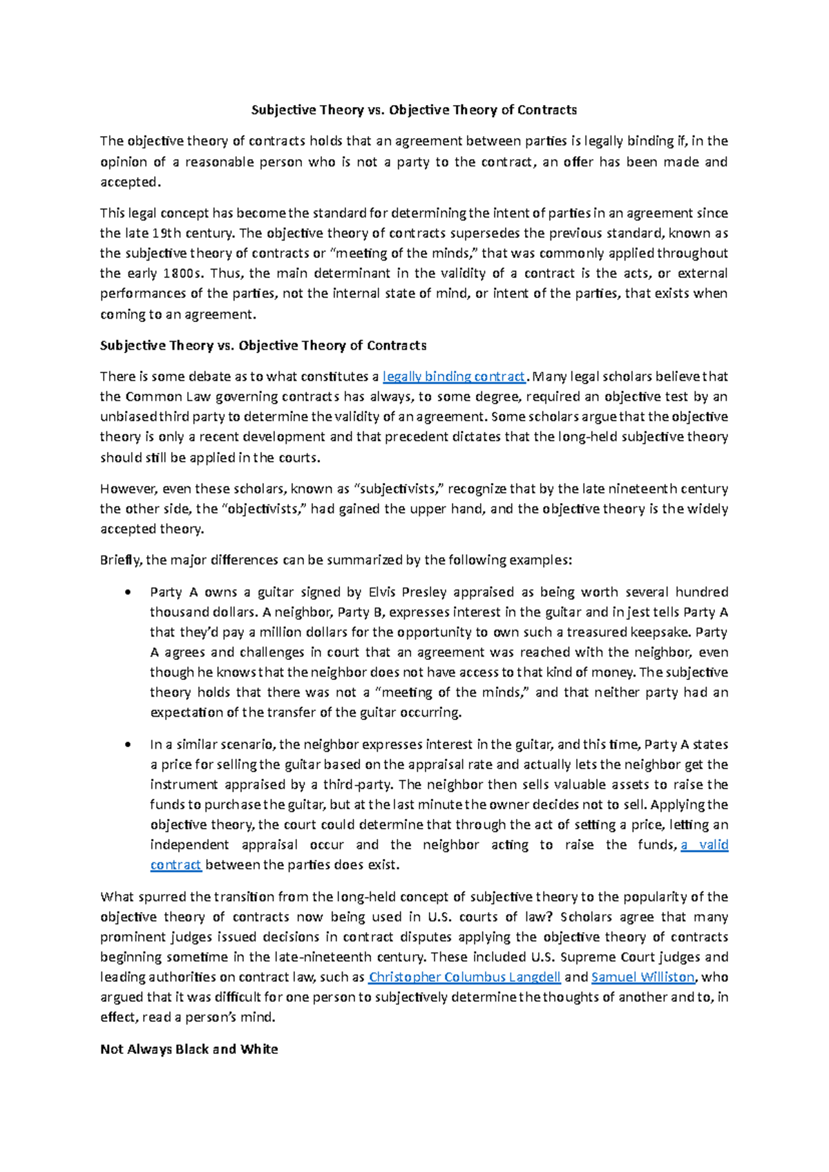Subjective vs. Objective Theories of Contracts - CNT 301 Analysis - Studocu