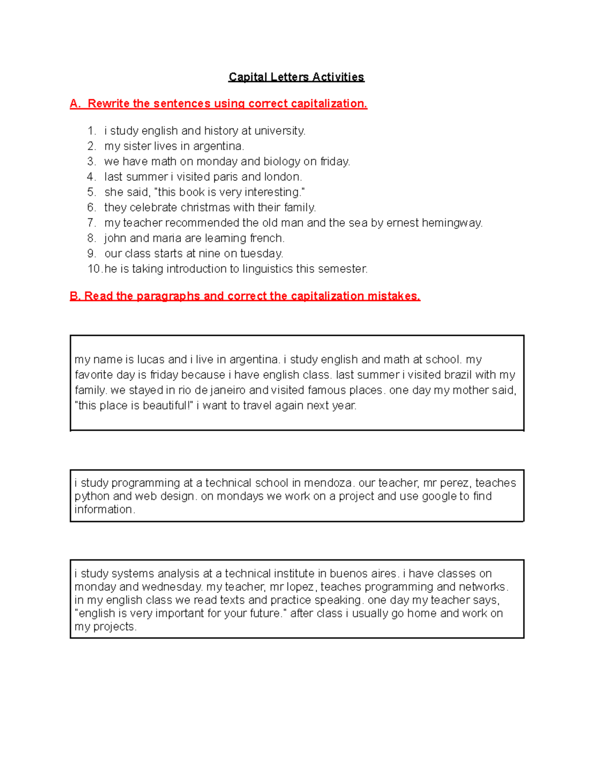 Capitalization Correction Activities for English Learners - Studocu