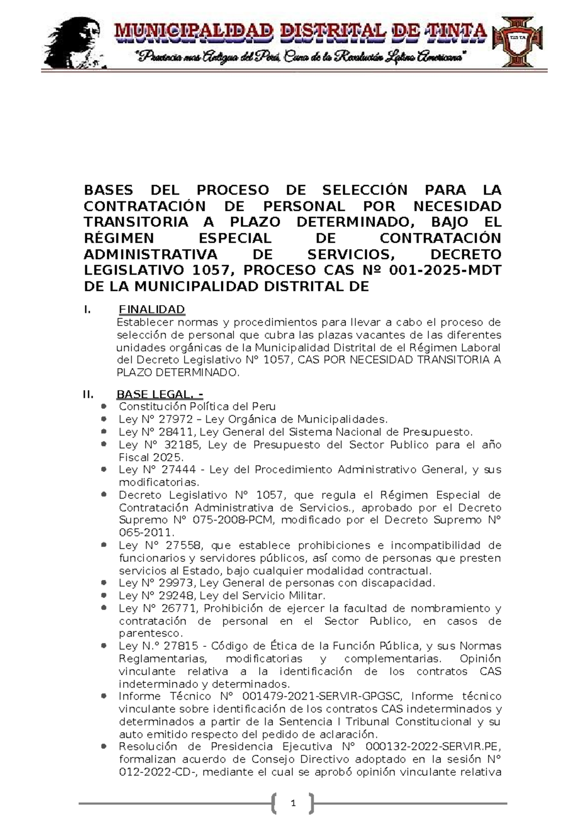 Bases del Proceso de Selección CAS 001-2025 para Contratación de ...