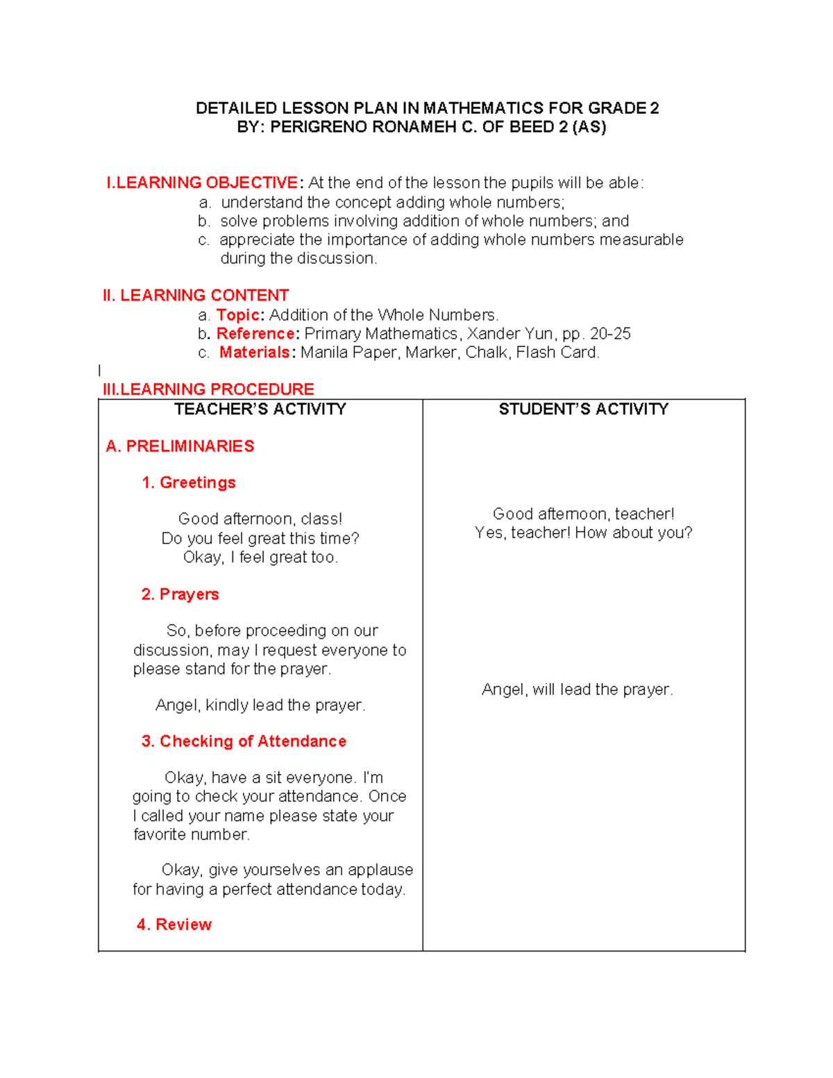 Detailed Math Lesson Plan for Grade 2: Addition of Whole Numbers - Studocu