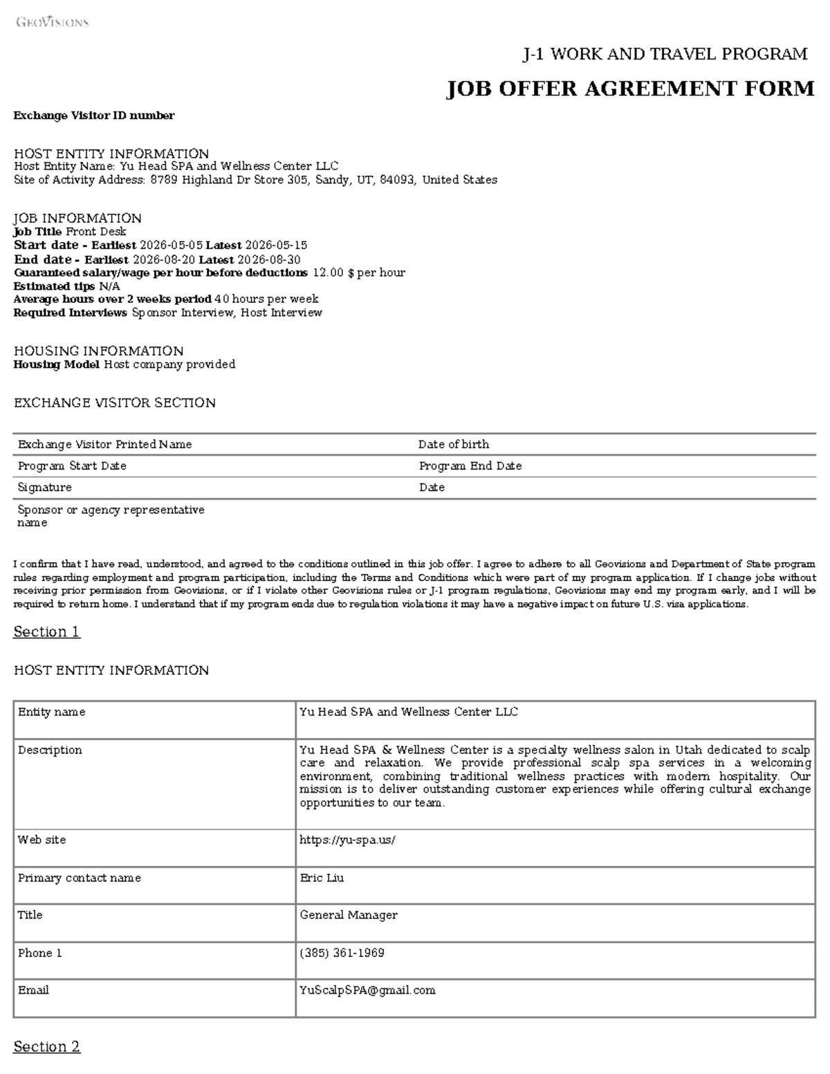 23291 - SWT - J-1 WORK AND TRAVEL PROGRAM Exchange Visitor ID number ...
