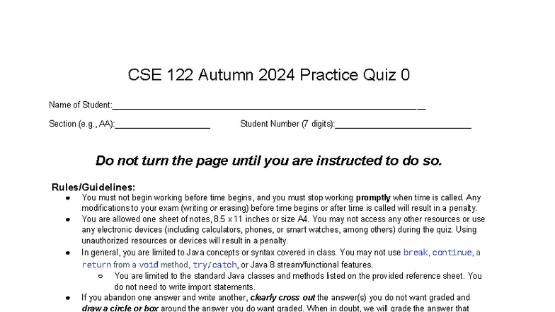 CSE 122 Autumn 2024 Practice Quiz 0 Guidelines and Questions - Studocu