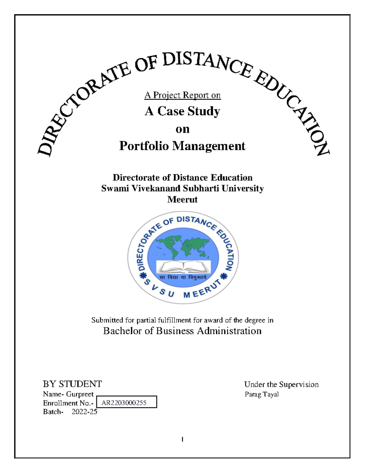 Case Study on Portfolio Management: BBA Project Report - Studocu