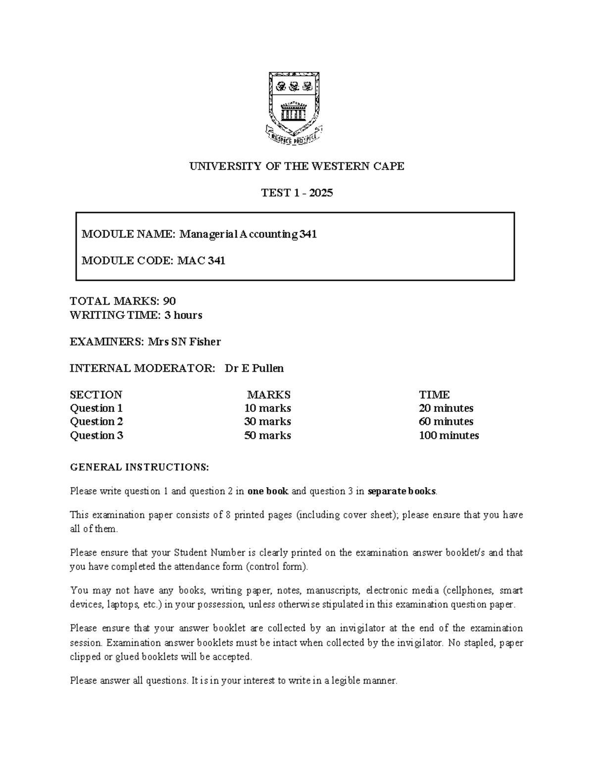 MAC 341 2025 Term Test 1: Managerial Accounting Exam Paper - Studocu