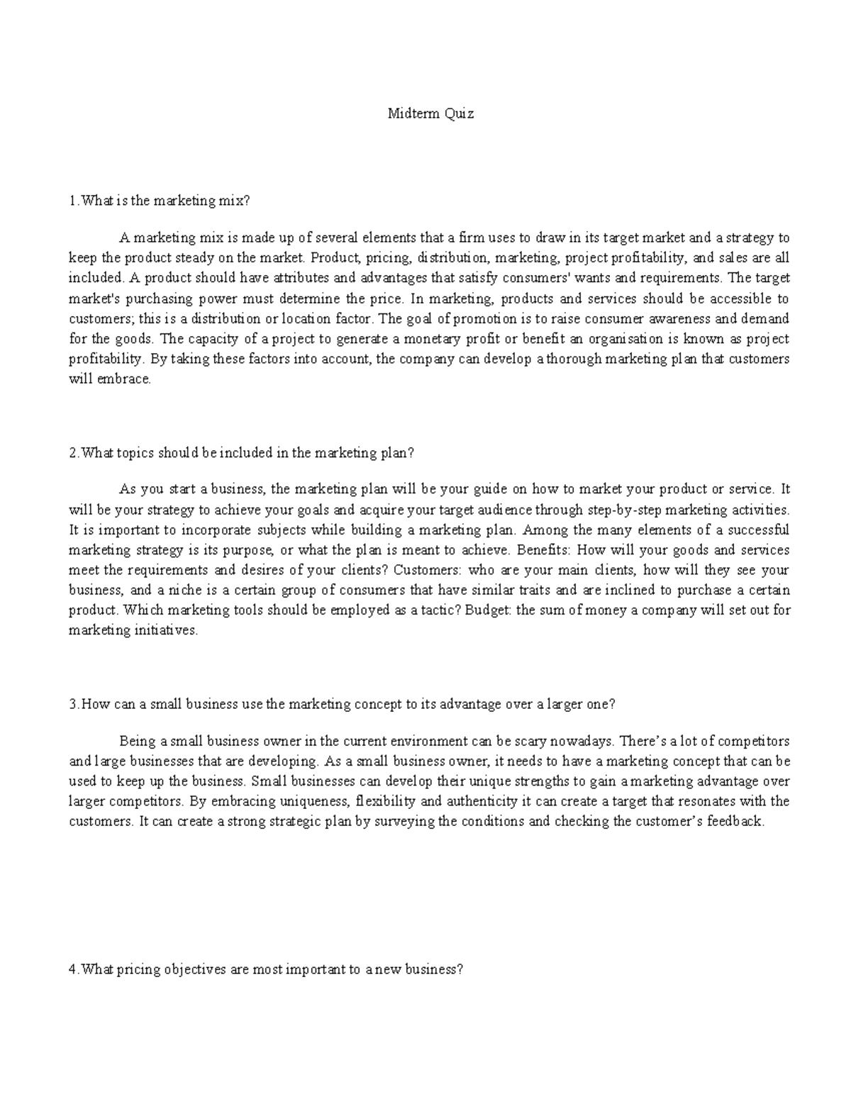 Entrep - Midterm Quiz Lecture Notes on Marketing Concepts and ...