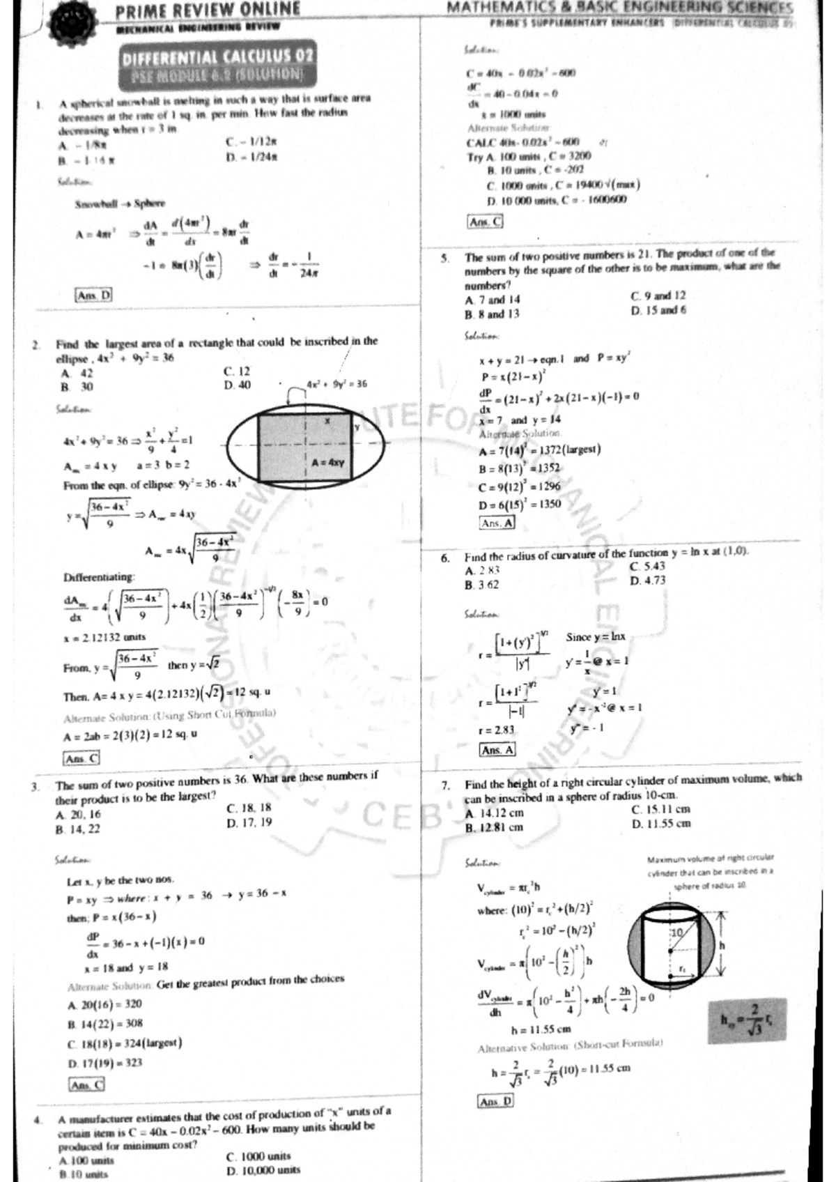Differential Calculus 02 Answer Key for Mechanical Engineering Review ...