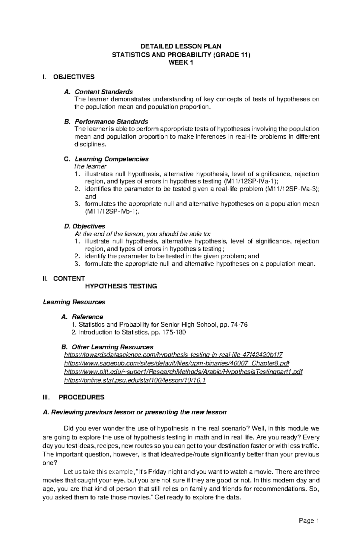 Q4 Week 1 Grade 11 Statistics & Probability Lesson Plan on Hypothesis ...