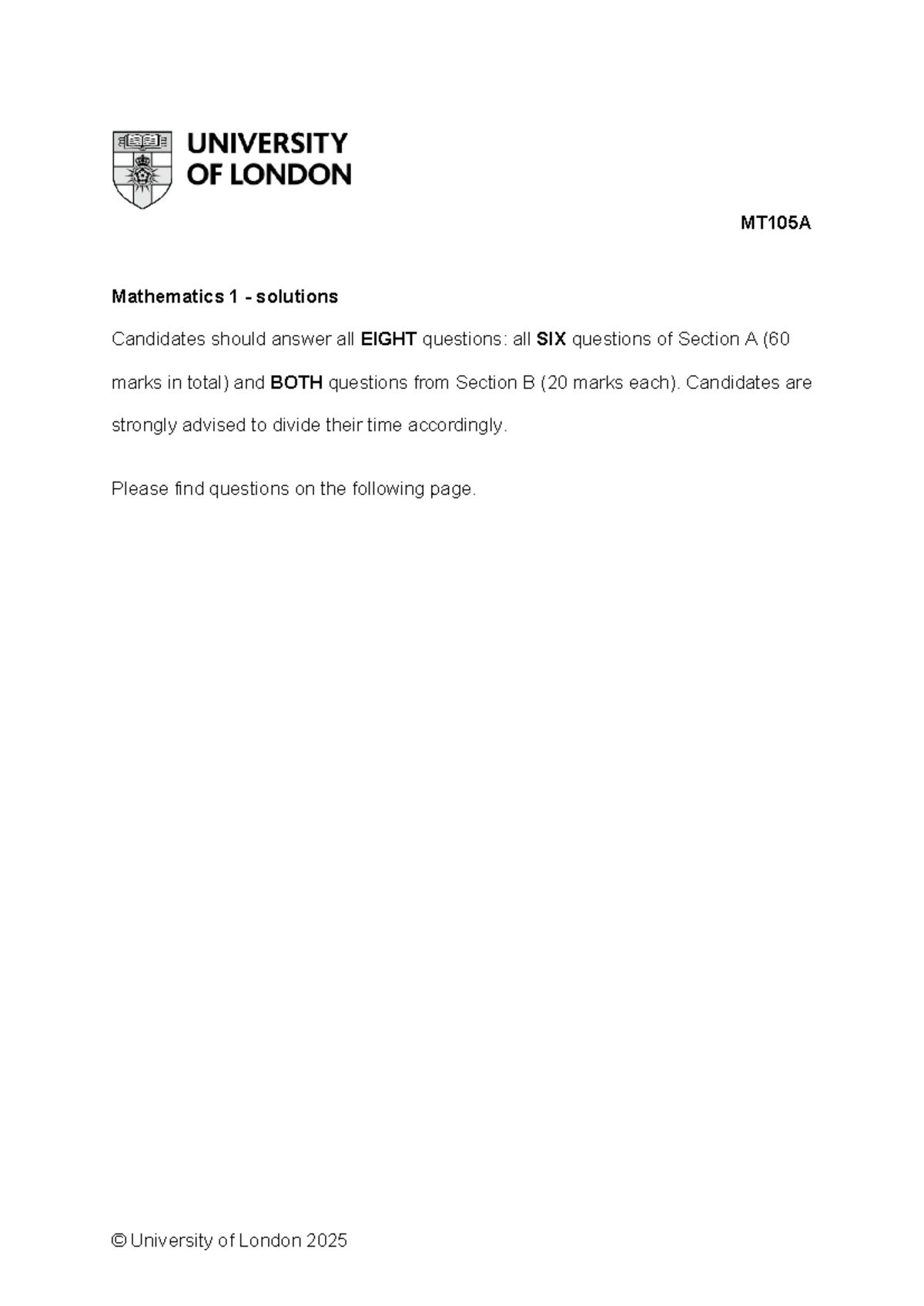 MT105A Mathematics 1 Exam Solutions - May 2025 - Studocu