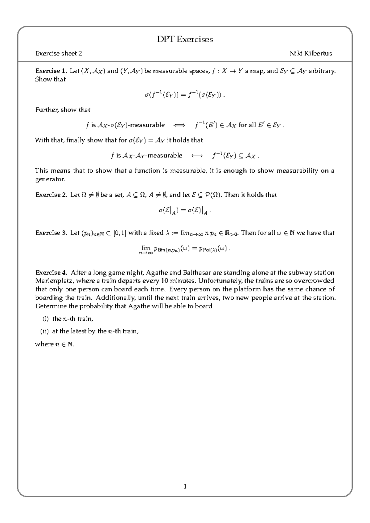 DPT Exercises: Measurability and Probability Analysis - Exercise Sheet ...