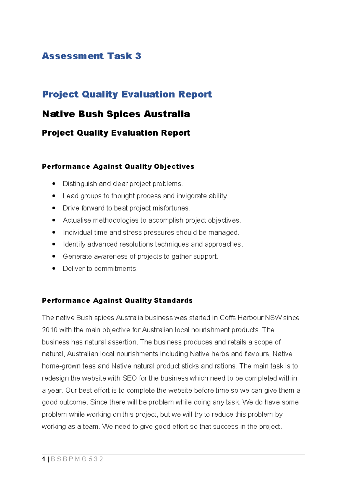 Bsbpmg 532 Project Quality Evaluation Report: Insights ...