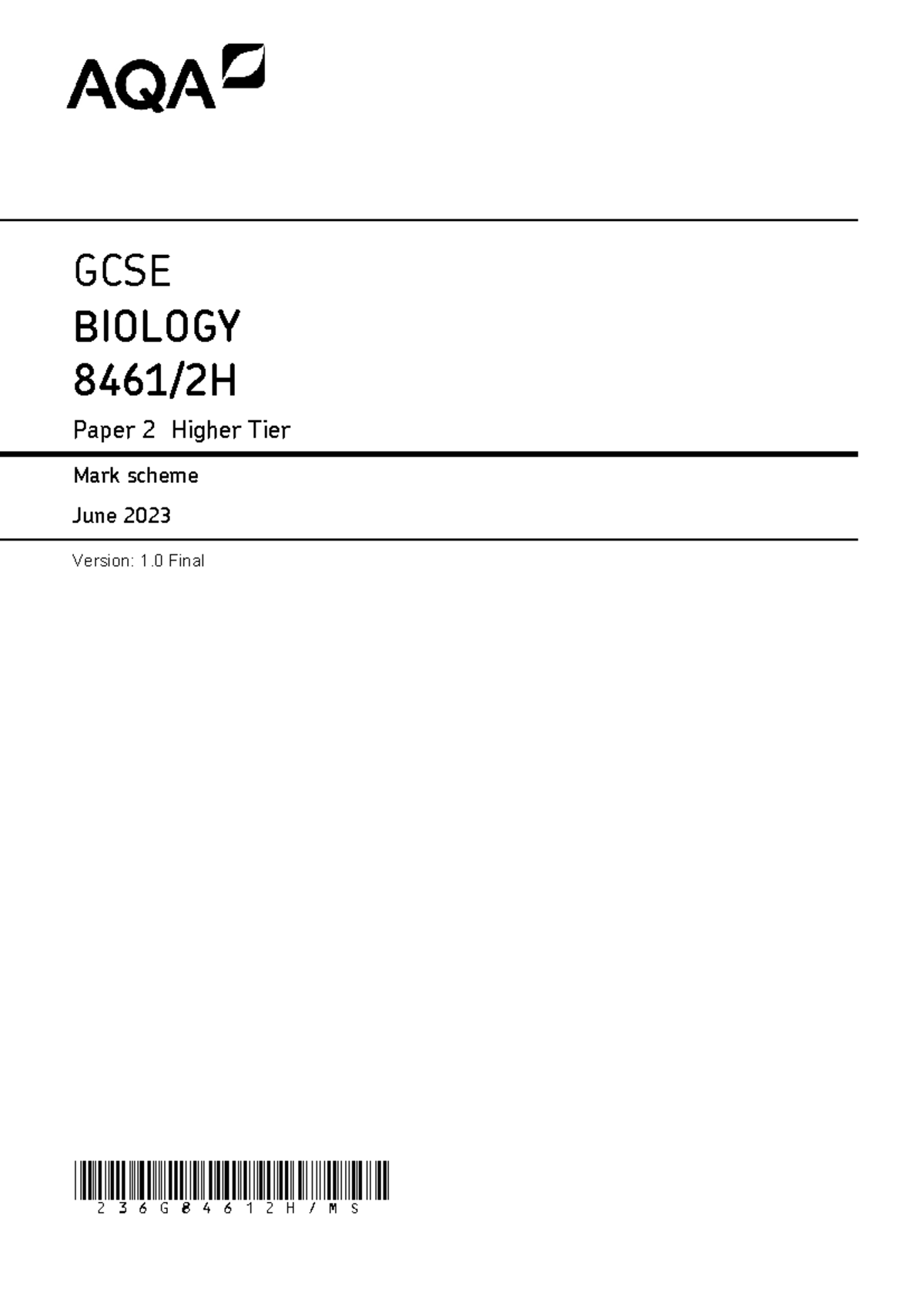 GCSE BIOLOGY Paper 2 Higher Tier Mark Scheme - June 2023 - Studocu