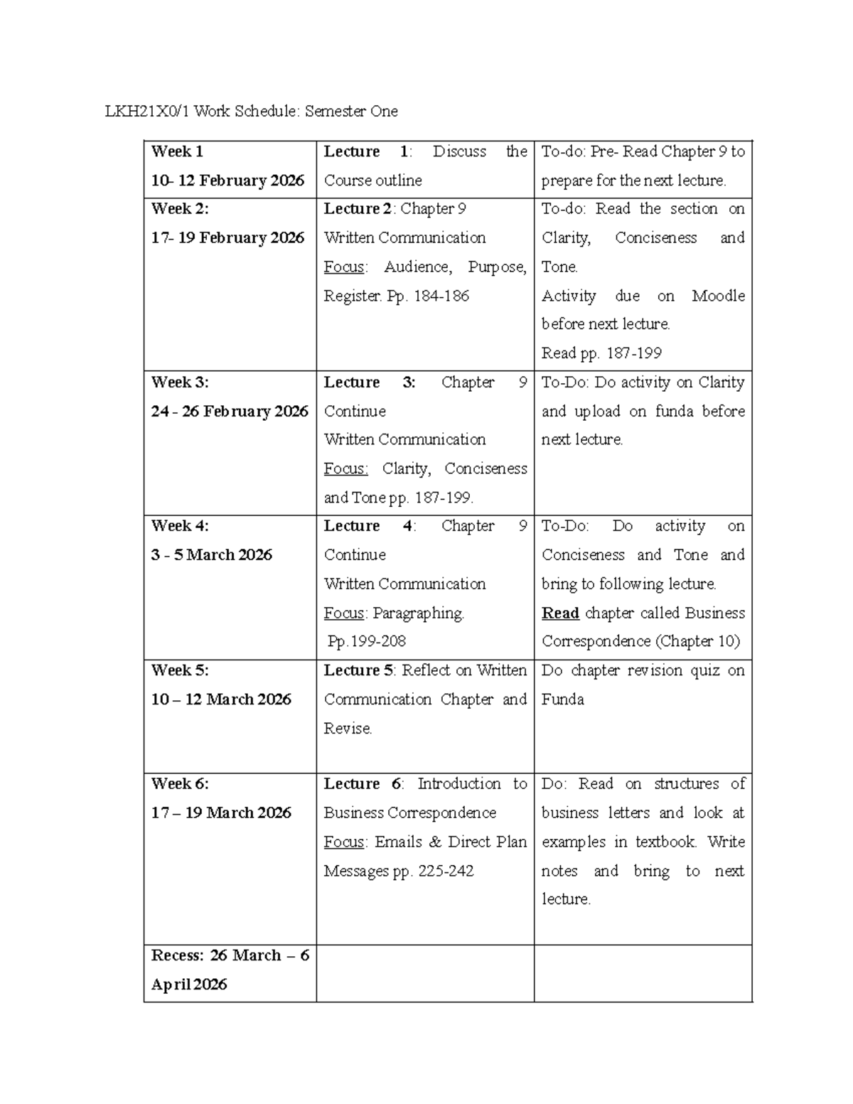 First Semester Work Schedule 2026: Lectures & Readings Overview - Studocu