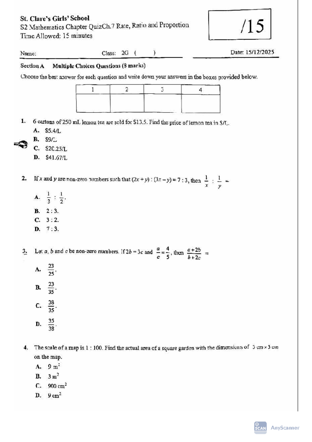 S2 Mathematics Chapter 7 Quiz: Rate, Ratio & Proportion - Studocu
