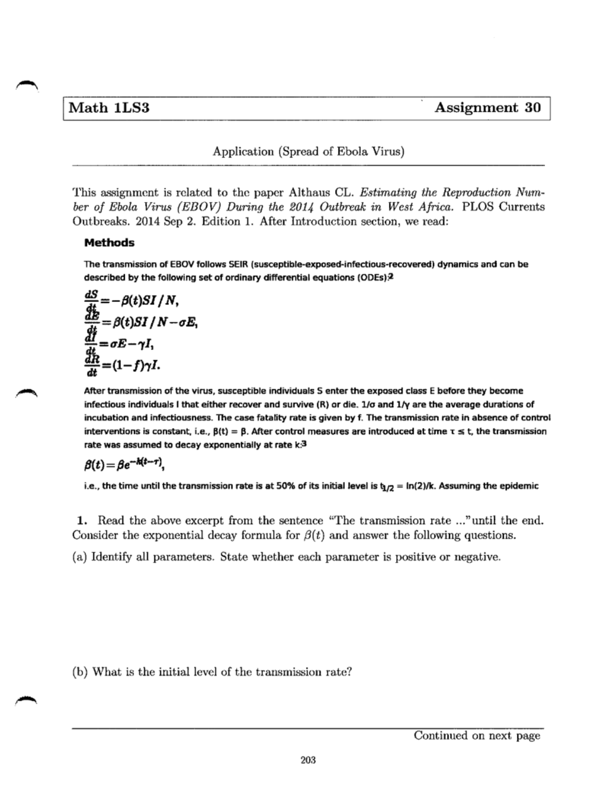 Math 1LS3 Assignment 30: Modeling Ebola Virus Spread with ODEs - Studocu
