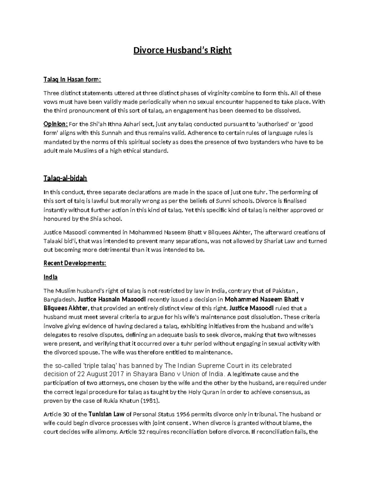 Divorce Rights in Islamic Law: Analyzing Talaq in Hasan Form - Studocu